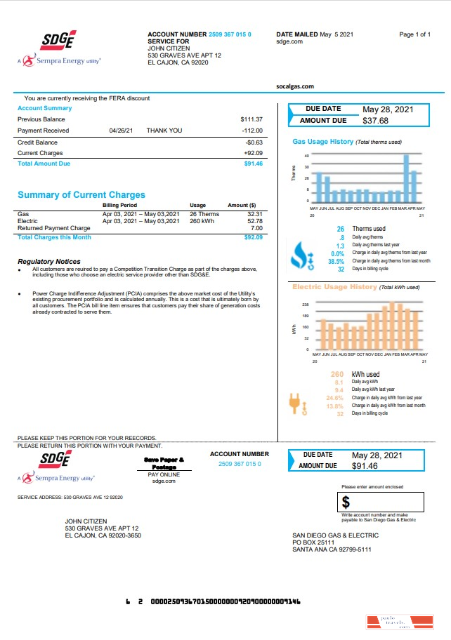 USA California San Diego Gas & Electric (SDG&E) utility bill template in Word and PDF format